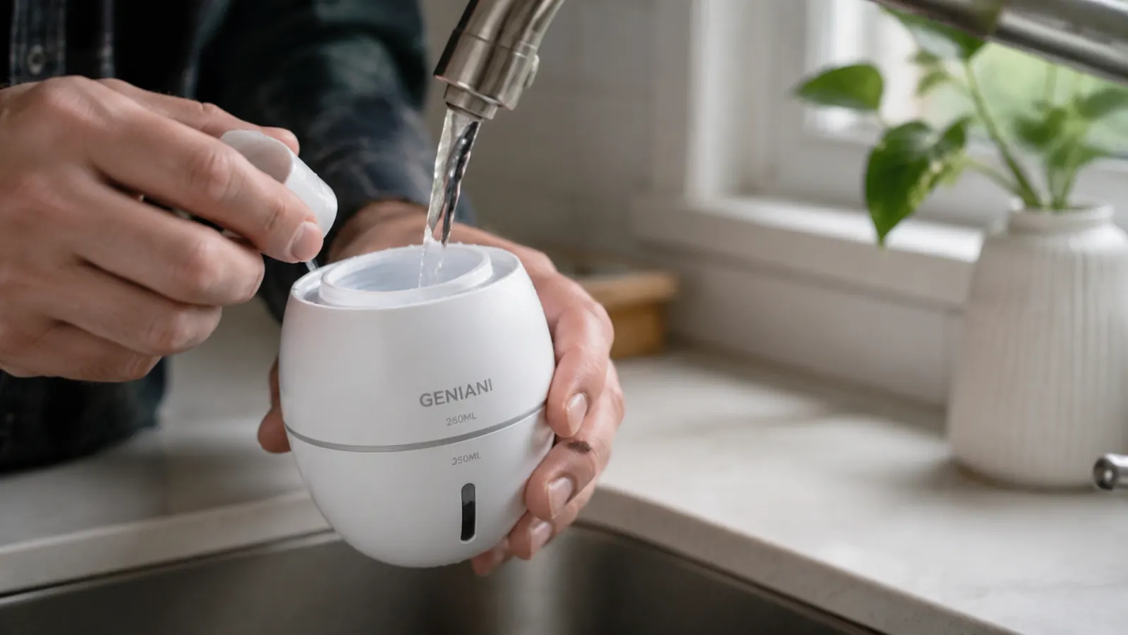 Close-up of hand filling the water tank of a small desk humidifier at a kitchen sink
