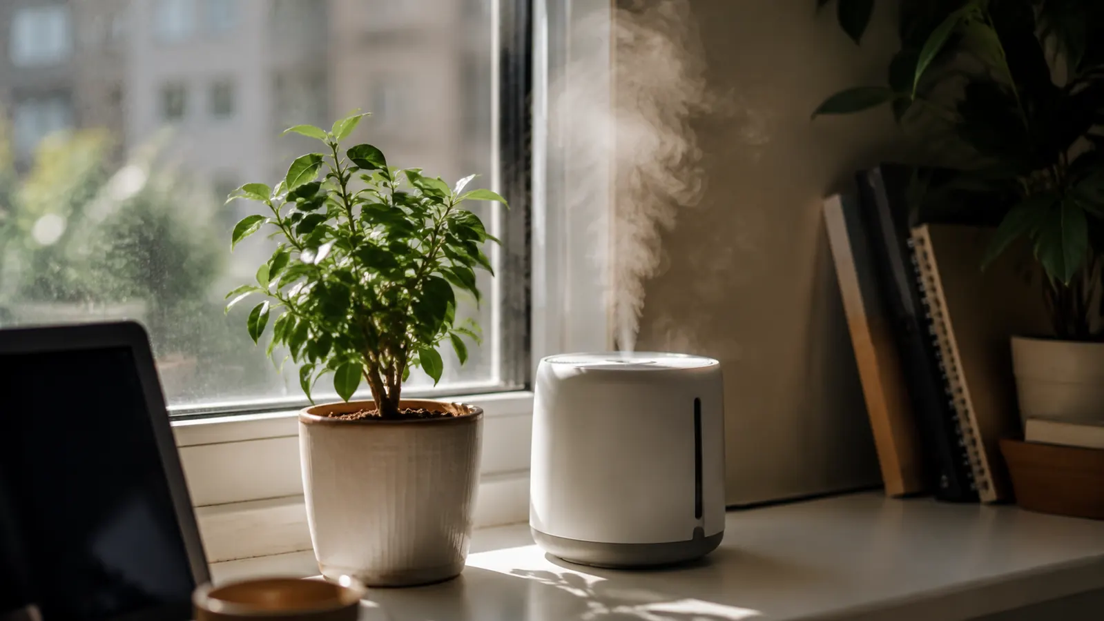 Small potted desk plant next to a humidifier releasing mist on a home office windowsill