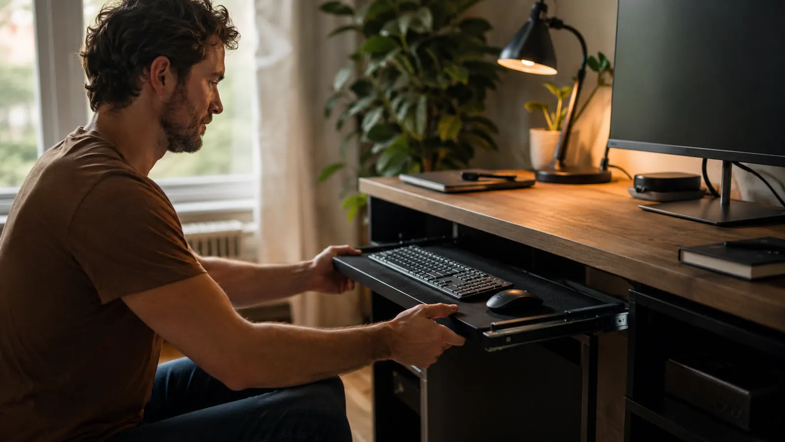 Person sliding a black keyboard tray back under a home office desk after finishing work for the day