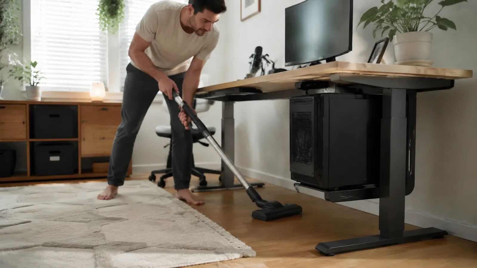 Person vacuuming easily under a home office desk with the CPU tower mounted up out of the way