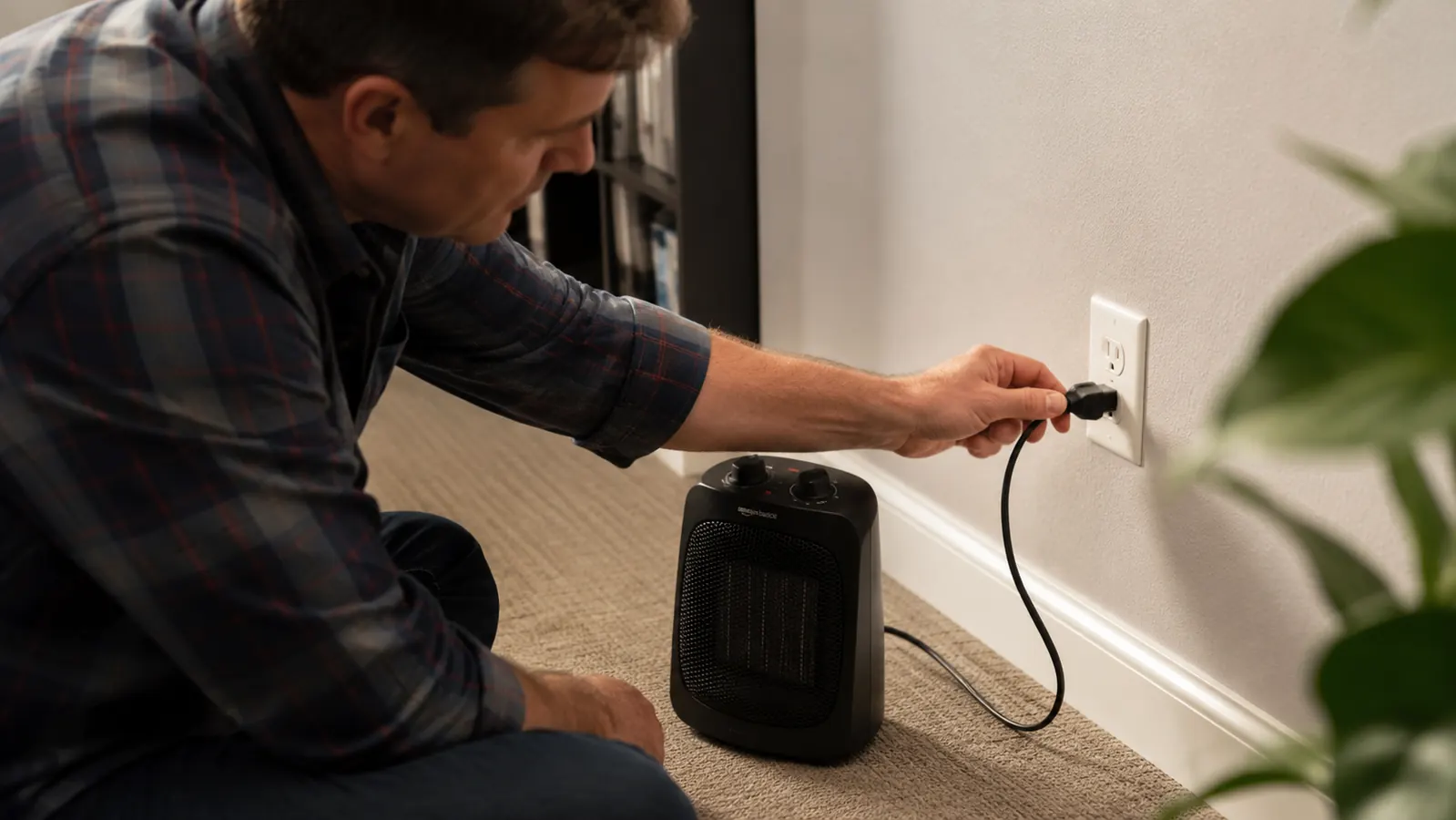Close-up of a hand plugging the Amazon Basics mini space heater directly into a wall outlet instead of a power strip
