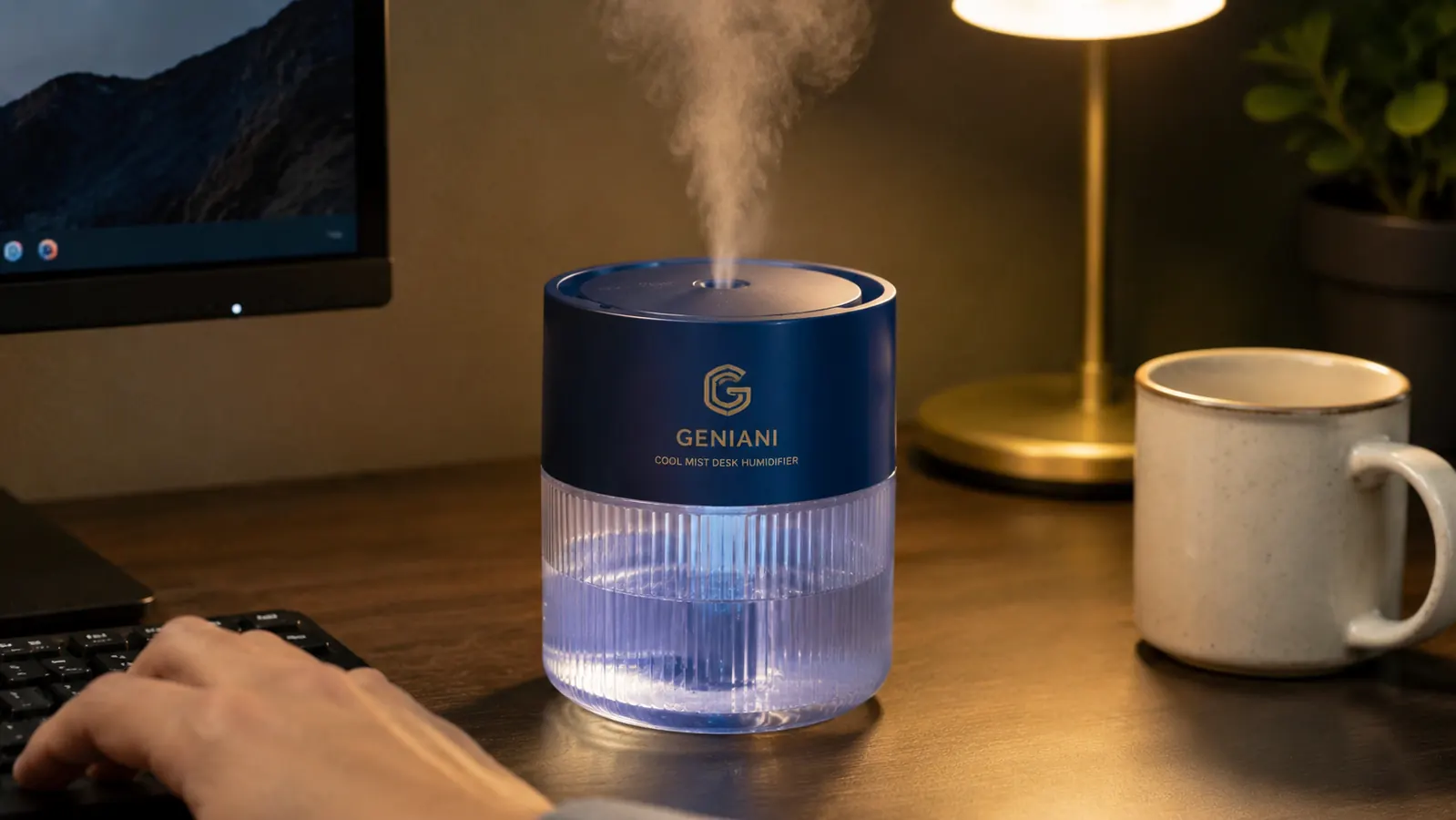 Close-up of a small white ultrasonic humidifier on a desk next to a keyboard, releasing a thin stream of cool mist