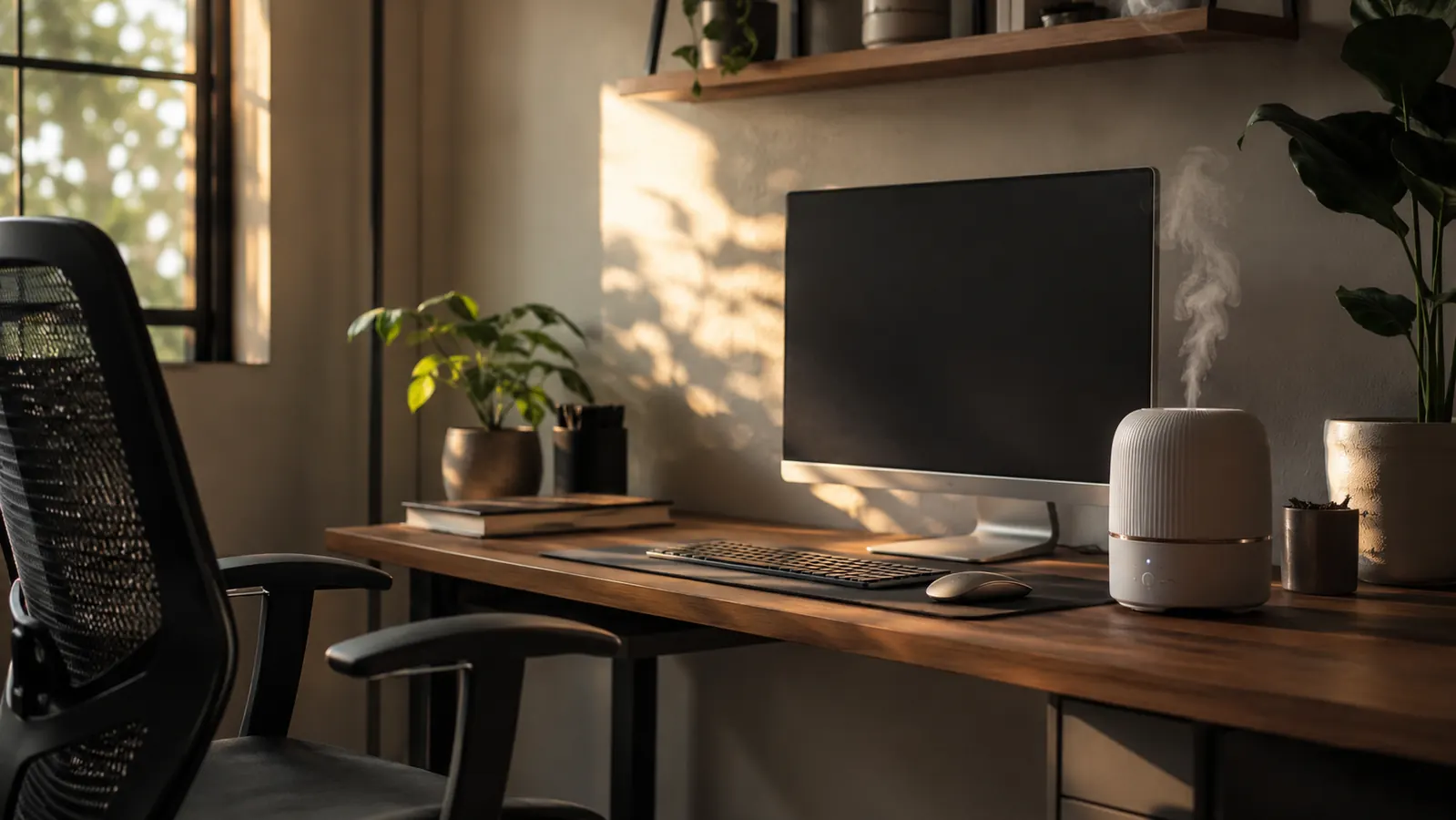 A quiet home office corner in late afternoon light with a small humidifier tucked beside a monitor stand