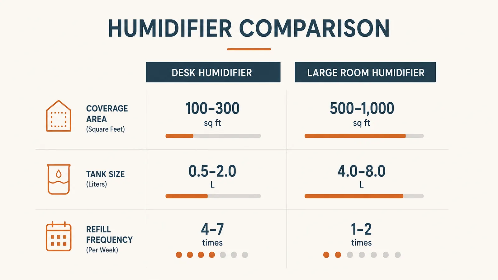 Chart comparing coverage area, tank size, and refill frequency of a desk humidifier versus a large room humidifier