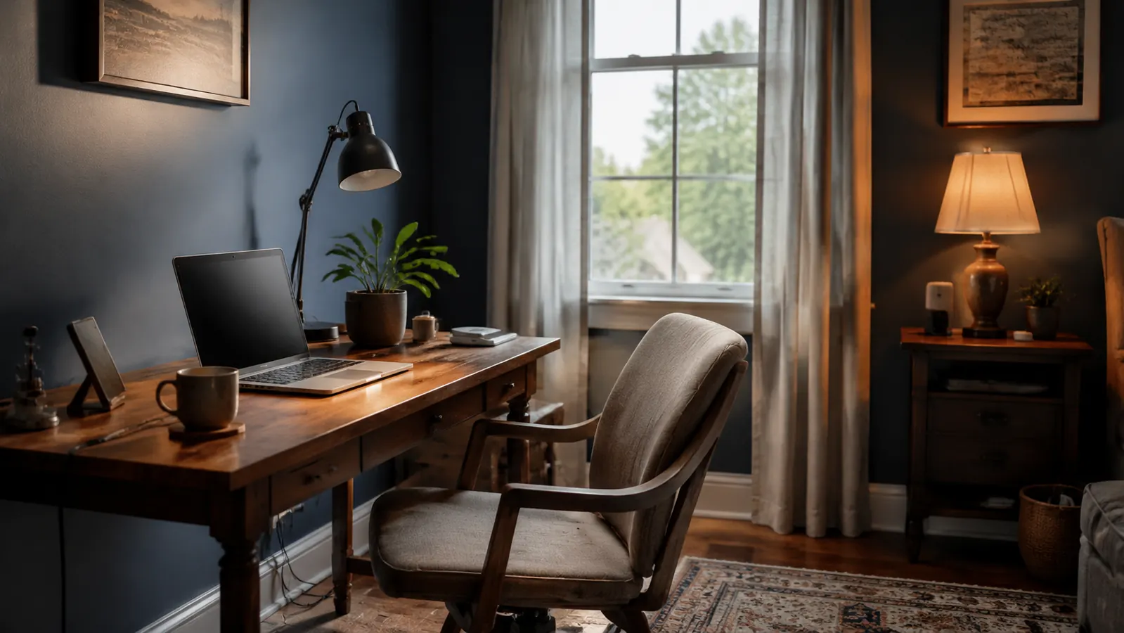 A tidy spare-bedroom home office with a wooden desk, warm lamp light, and organized work gear