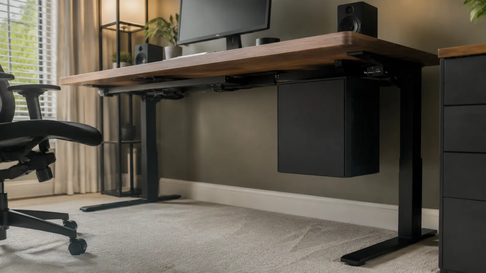 Underside of a home office desk showing a computer tower tucked neatly out of sight with tidy cables