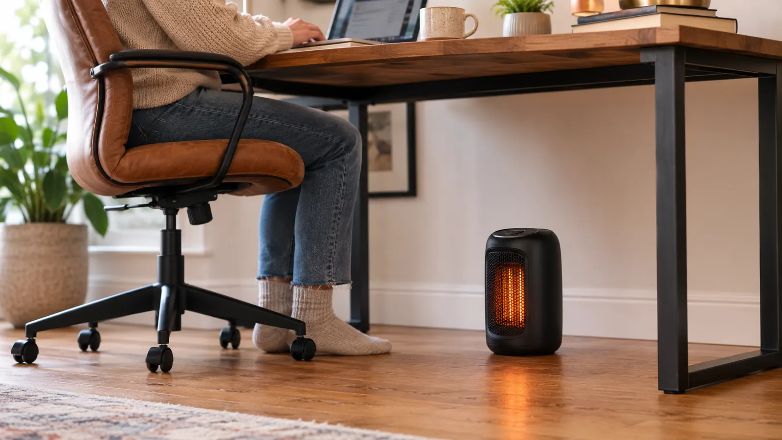 Small black space heater sitting on a hard floor under a desk with clear space around it, away from cords and paper