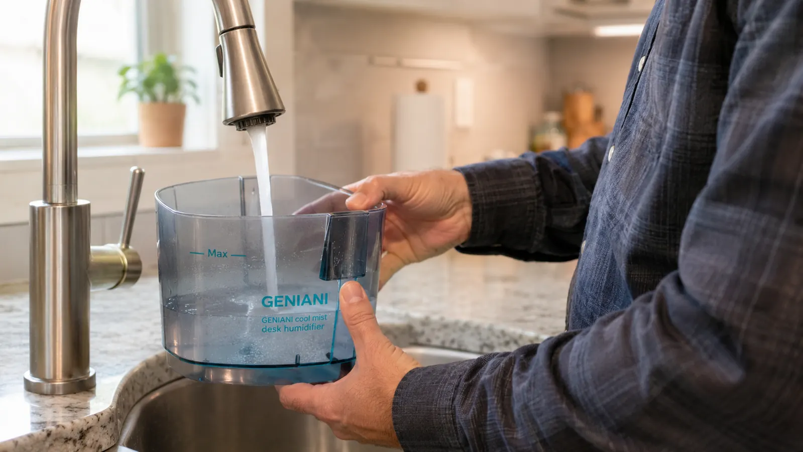 Hand filling the water tank of a GENIANI portable humidifier at a kitchen sink before placing it back on a desk
