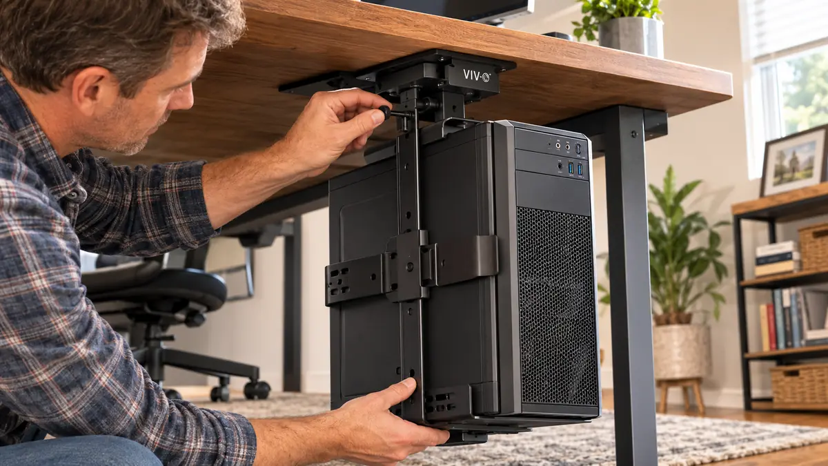 Hand tightening the locking pin on a black VIVO under-desk CPU mount bracket holding a computer tower