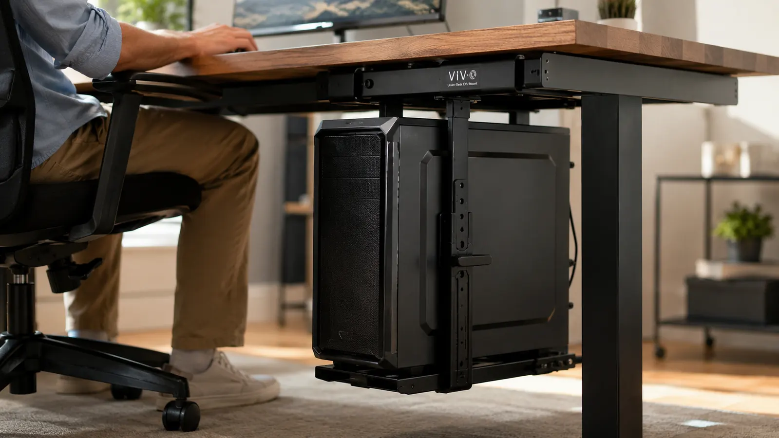 Close-up of a black VIVO CPU mount bracket holding a computer tower off the floor underneath a desk