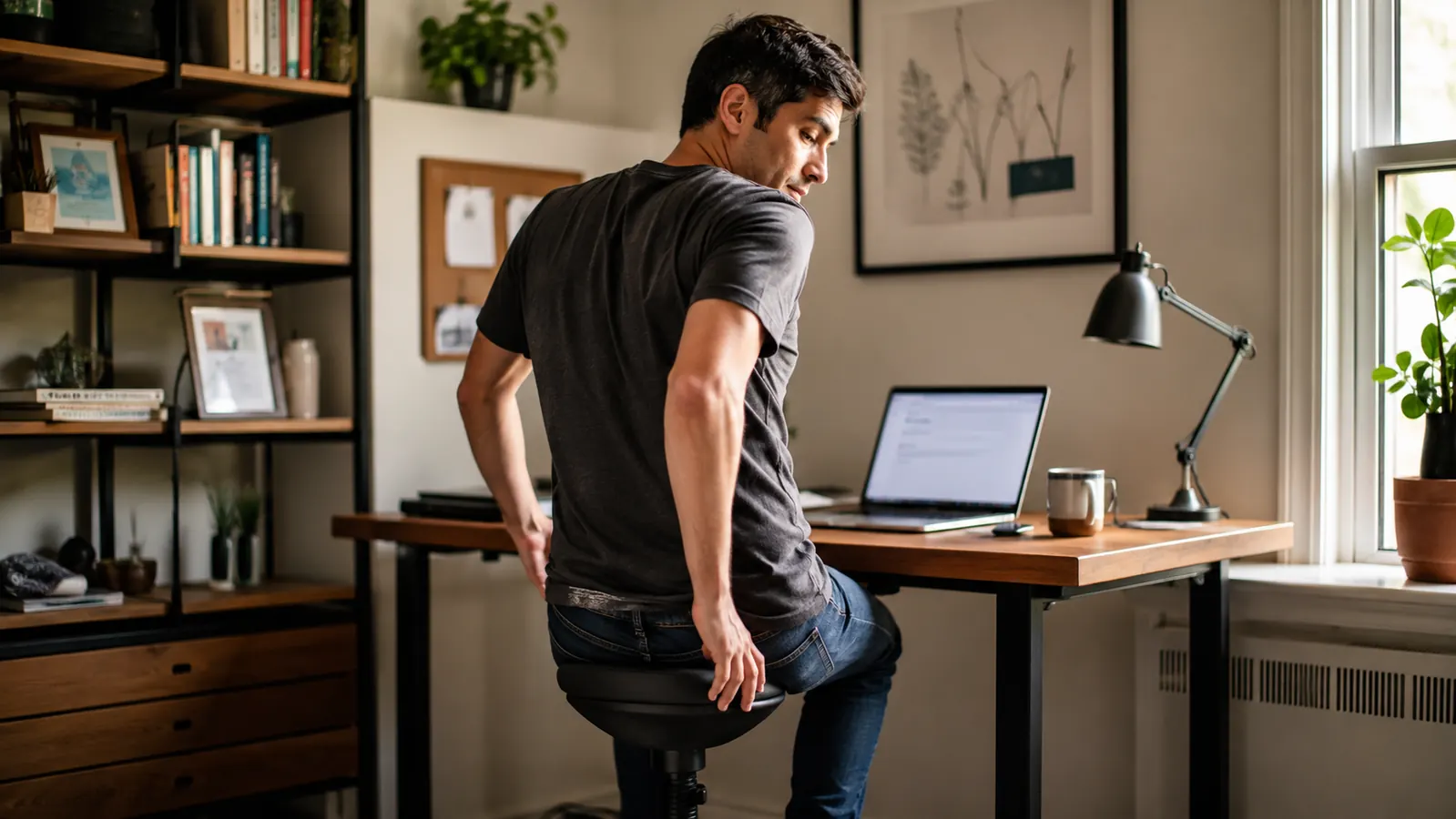Man mid-motion, shifting his weight while perched on a wobble stool at a standing desk, working on a laptop